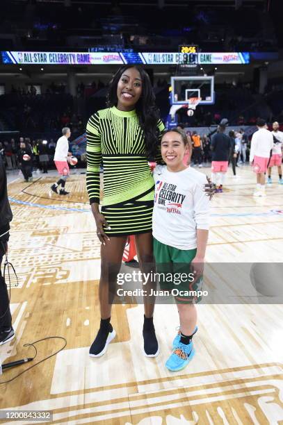 Nneka Ogwumike of the Los Angeles Sparks poses with Gymnast Katelyn Ohashi during the NBA Celebrity Game Presented By Ruffles as part of 2020 NBA...