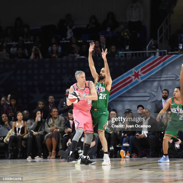 Arne Duncan of team Wilbon handles the ball during the NBA Celebrity Game Presented By Ruffles as part of 2020 NBA All-Star Weekend on February 14,...