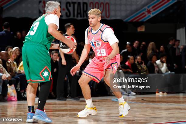 Bad Bunny of Team Wilbon plays defense during the NBA Celebrity Game Presented By Ruffles as part of 2020 NBA All-Star Weekend on February 14, 2020...