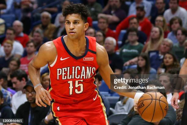 Frank Jackson of the New Orleans Pelicans drives with the ball against the LA Clippers during a game at the Smoothie King Center on January 18, 2020...