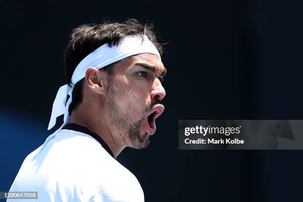 Fabio Fognini of Italy reacts during his Men's Singles first round match against Reilly Opelka of the United States on day two of the 2020 Australian...