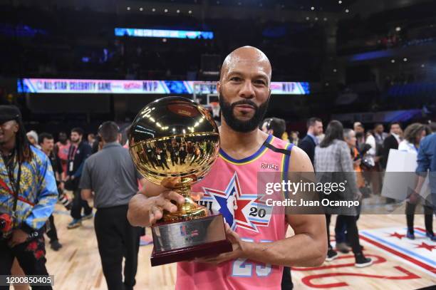 Common of Team Wilbon poses with the MVP Trophy during the NBA Celebrity Game Presented By Ruffles as part of 2020 NBA All-Star Weekend on February...