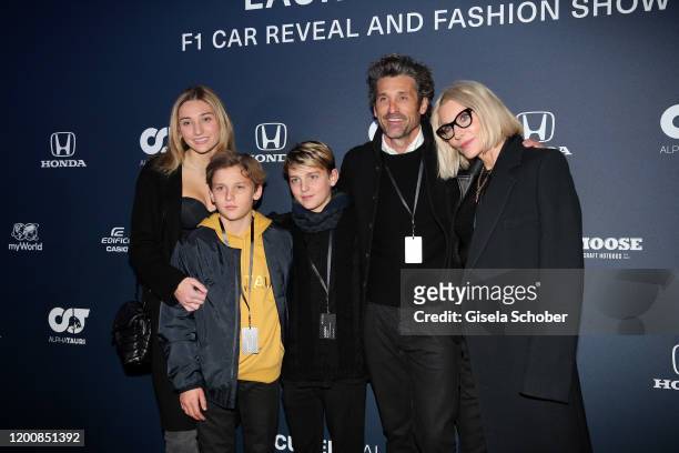 Patrick Dempsey and his wife Jillian Fink, daughter Talula, son Darby and son Sullivan during the Scuderia AlphaTauri launch event at Hangar 7 on...