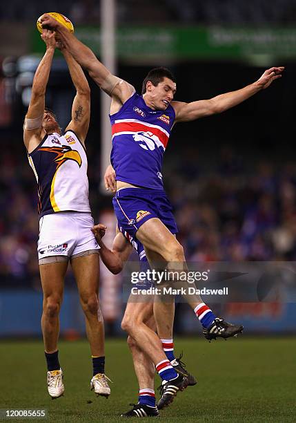 Mark Nicoski of the Eagles marks at the back of a pack during the round 19 AFL match between the Western Bulldogs and the West Coast Eagles at Etihad...