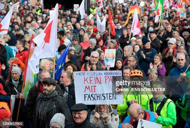 Demonstrators rally for a protest themed "Not with us! No pacts with fascists any time or anywhere!" on February 15, 2020 in Erfurt, capital of...
