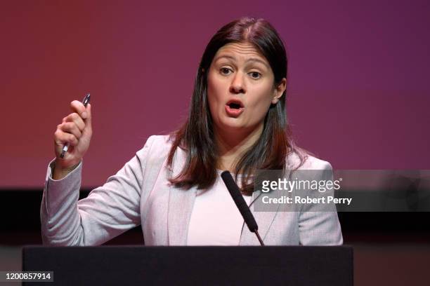Lisa Nandy speaking at the Labour leadership hustings on the stage at SEC in Glasgow on February 15, 2020 in Glasgow, Scotland. Sir Keir Starmer,...