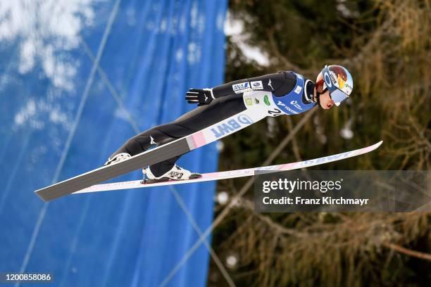 Taku Takeuchi of Japan competes during on FIS Ski Flying World Cup Tauplitz/Bad Mitterndorf event at Skiflugschanze Kulm on February 15, 2020 in Bad...