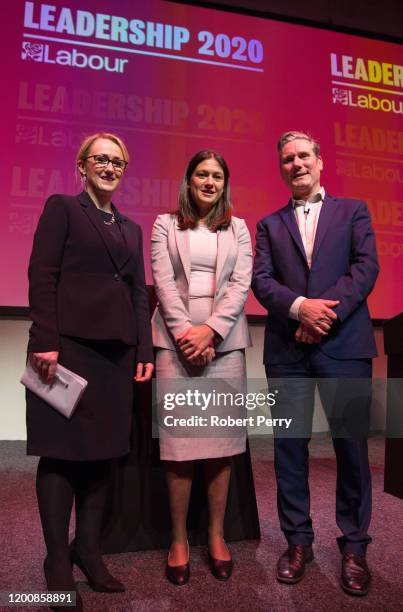 Rebecca Long-Bailey, Lisa Nandy and Sir Keir Starmer pose for photographs after speaking at the Labour leadership hustings on the stage at SEC in...