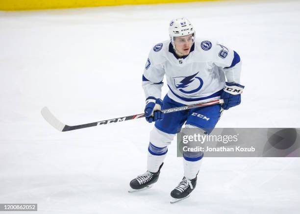 Mitchell Stephens of the Tampa Bay Lightning keeps an eye on the play during third period action against the Winnipeg Jets at the Bell MTS Place on...