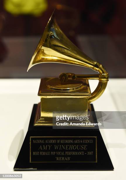 Singer Amy Winehouse's Best Female Pop Vocal Performance 2007 GRAMMY Award for "Rehab" is displayed at the Opening Night of The Grammy Museum Exhibit...