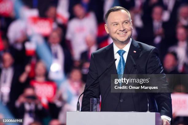 President of Poland, Andrzej Duda delivers a speech during the official launch of Presidential campaign on February 15, 2020 in Warsaw, Poland. The...