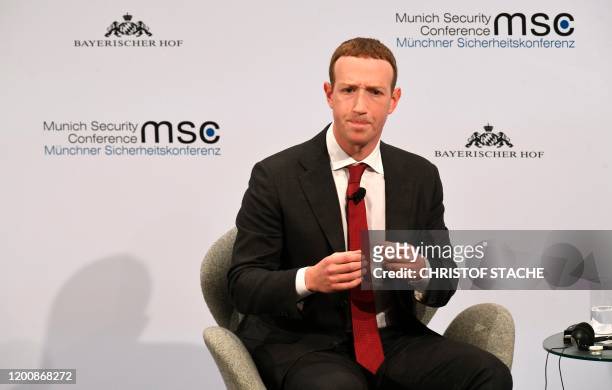The founder and CEO of Facebook Mark Zuckerberg speaks during the 56th Munich Security Conference in Munich, southern Germany, on February 15, 2020....