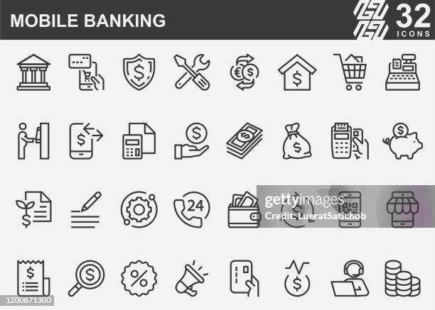 illustrazioni stock, clip art, cartoni animati e icone di tendenza di icone della linea di mobile banking - pagamento senza contatto