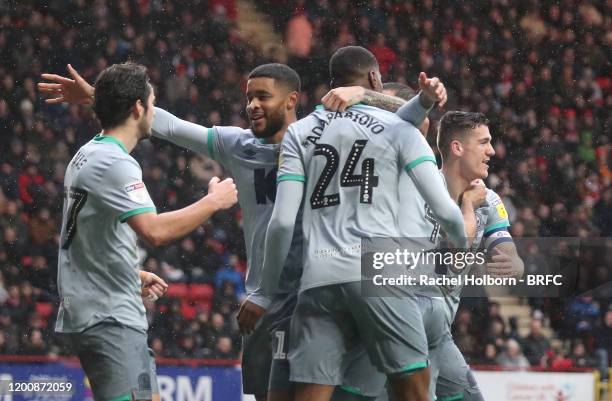 Tosin Adarabioyo of Blackburn Rovers celebrates scoring his side's second goal during the Sky Bet Championship match between Charlton Athletic and...