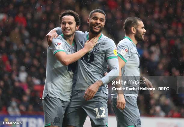 Dominic Samuels and Lewis Travis of Blackburn Rovers celebrate during the Sky Bet Championship match between Charlton Athletic and Blackburn Rovers...