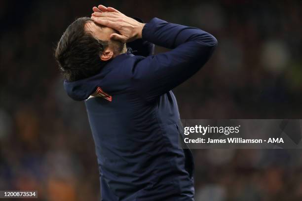 Dejected Danny Cowley the manager / head coach of Huddersfield Town during the Sky Bet Championship match between Derby County and Huddersfield Town...