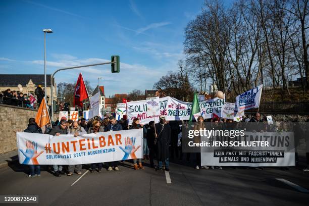 Demonstrators rally for a protest themed "Not with us! No pacts with fascists any time or anywhere!" on February 15, 2020 in Erfurt, capital of...
