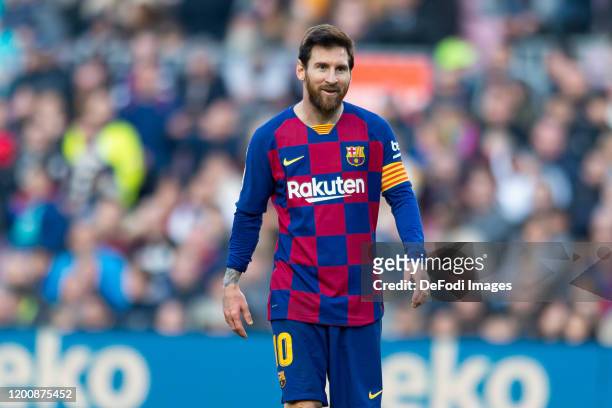Lionel Messi of FC Barcelona smiles during the Liga match between FC Barcelona and Getafe CF at Camp Nou on February 15, 2020 in Barcelona, Spain.