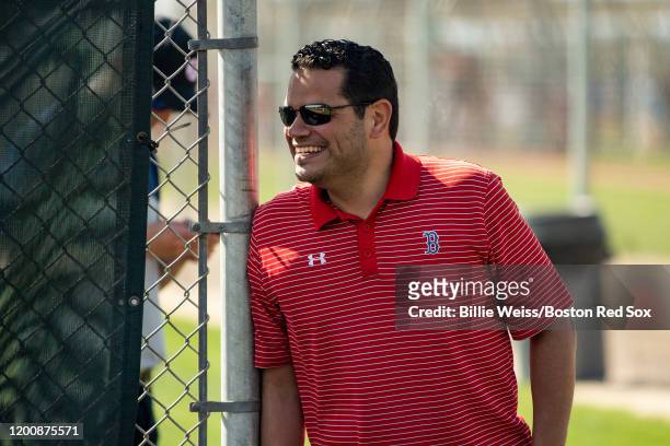 Vice President & Assistant General Manage Eddie Romero of the Boston Red Sox looks on during a team workout on February 15, 2020 at JetBlue Park at...