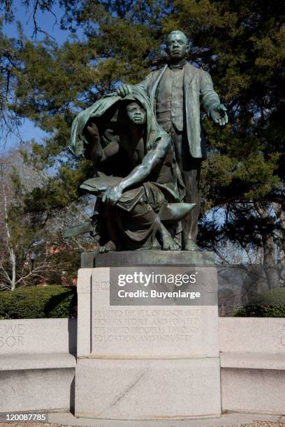 Statue of Booker T. Washington, entitled 'Lifting the Veil of Ignorance' at Tuskegee University, Tuskegee, Alabama, 2010.