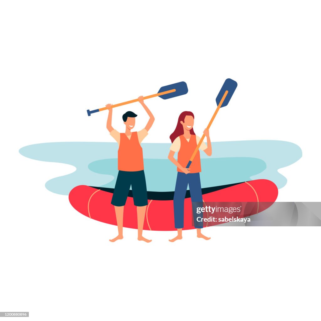 Standing Raft River Rafting Finish Line Cartoon People Standing On Shore Holding ...