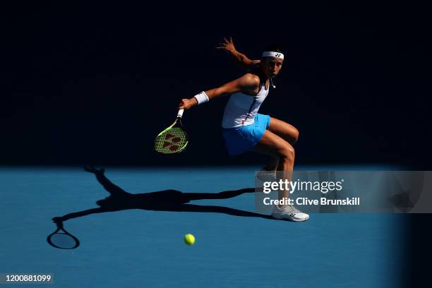 Anastasija Sevastova of Latvia plays a backhand during her Women's Singles first round match against Ajla Tomljanovic of Australia on day two of the...