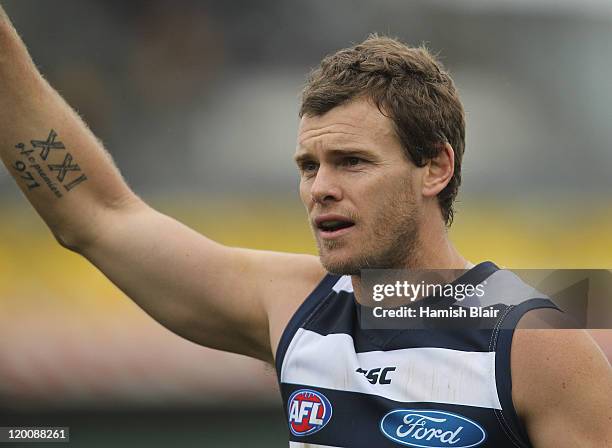 Cameron Mooney of the Cats looks on during the round 19 AFL match between the Geelong Cats and the Melbourne Demons at Skilled Stadium on July 30,...