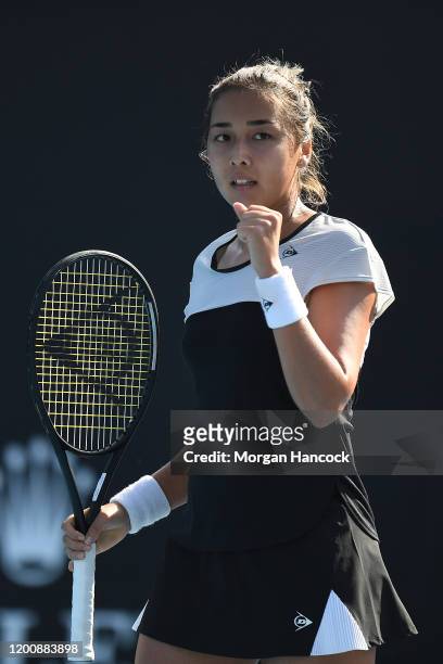 Zarina Diyas of Kazakhstan celebrates after winning a point during her Women's Singles first round match against Amanda Anisimova of the United...