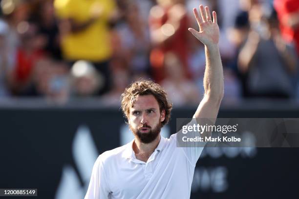 Ernests Gulbis of Latvia celebrates winning match point during his Men's Singles first round match against Felix Auger-Aliassime of Canada on day two...