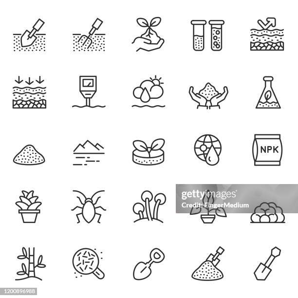 ilustraciones, imágenes clip art, dibujos animados e iconos de stock de conjunto de iconos vectoriales de suelo - abono