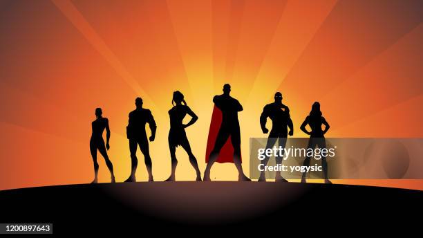 ilustraciones, imágenes clip art, dibujos animados e iconos de stock de vector superhero team silhouette stock illustration - superhéroe