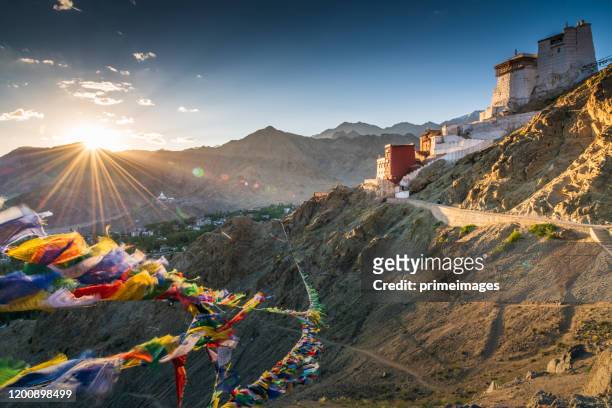 de vlag van het gebed in kasteel tsemo met mooie achtergrond van het bergsneeuwlandschap in leh ladakh - ladakh stockfoto's en -beelden