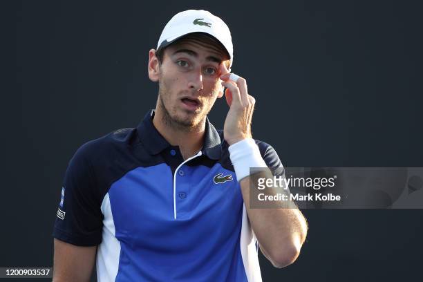 Elliot Benchetrit of France reacts during his Men's Singles first round match against Yuichi Sugita of Japan on day two of the 2020 Australian Open...