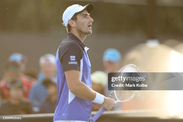 Elliot Benchetrit of France reacts during his Men's Singles first round match against Yuichi Sugita of Japan on day two of the 2020 Australian Open...