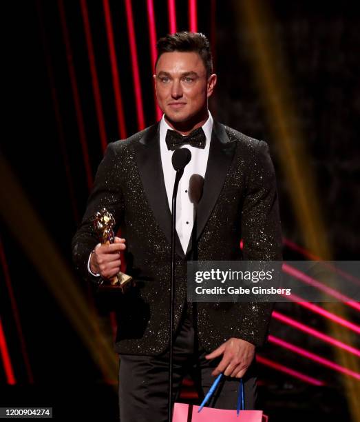 Adult film actor Cade Maddox accepts the Performer of the Year award during the 2020 GayVN Awards show at The Joint inside the Hard Rock Hotel &...