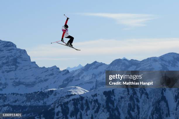 Ailing Eileen Gu of China in her qualification run in Women's Freeski Big Air in Freestyle Skiing during day 12 of the Lausanne 2020 Winter Youth...