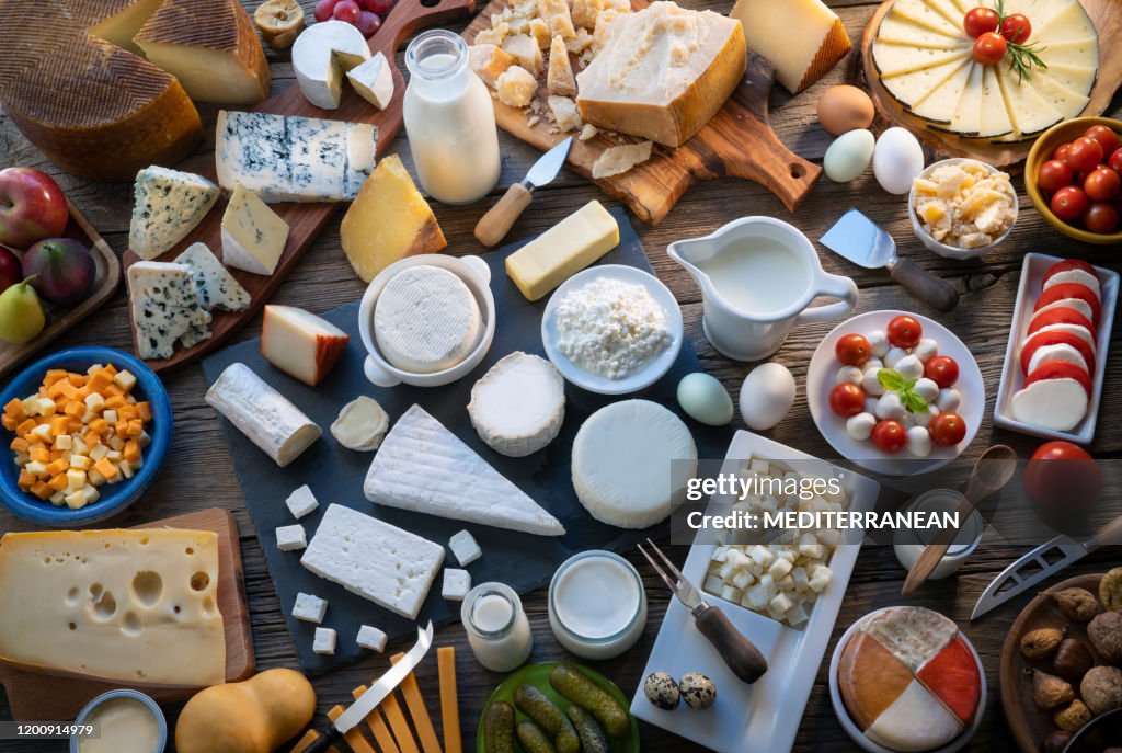 Cheese board with many varied cheeses