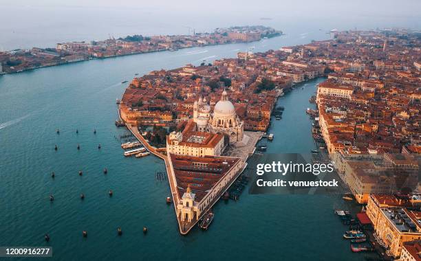 flygbild över canal grande vid soluppgången - venezia bildbanksfoton och bilder