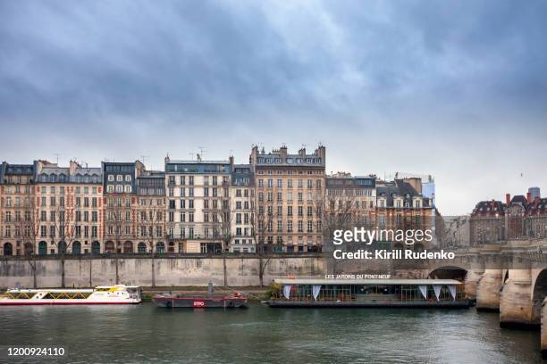 river seine and residential buildings in central paris, france - river seine foto e immagini stock
