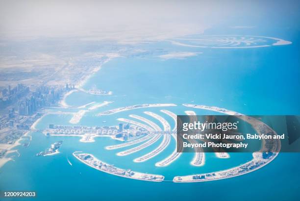 aerial view of the palm jumeirah in dubai - golfe persique photos et images de collection