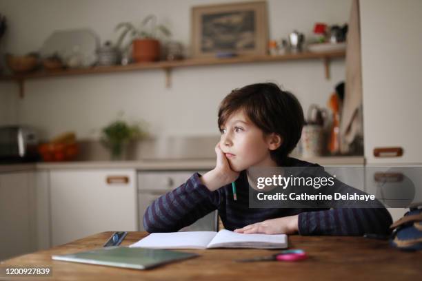 a 9 year old boy doing his homework in the kitchen - faire ses devoirs photos et images de collection