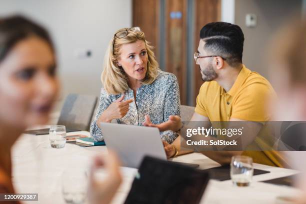 mujer de negocios madura discutiendo con colega usando computadora portátil - instructor oficio fotografías e imágenes de stock