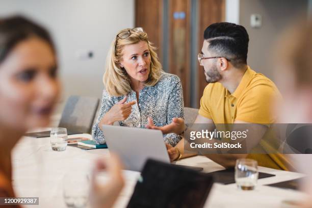 mature businesswoman discussing with colleague using laptop - showing stock pictures, royalty-free photos & images