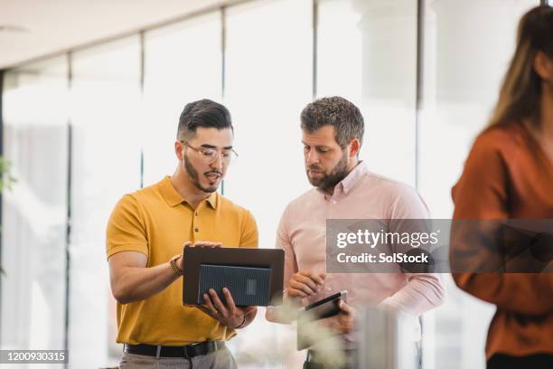 male colleagues using laptop at business conference - it consultant stock pictures, royalty-free photos & images