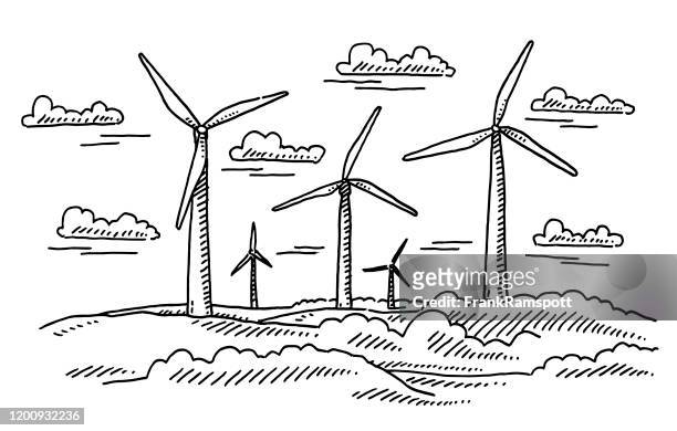 windkraftanlagen landschaftszeichnung - windkraftanlage stock-grafiken, -clipart, -cartoons und -symbole