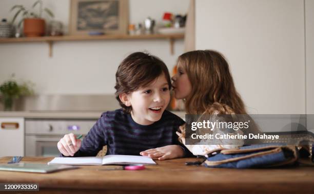 a 9 year old boy doing his homework with his sister - child whispering stock-fotos und bilder