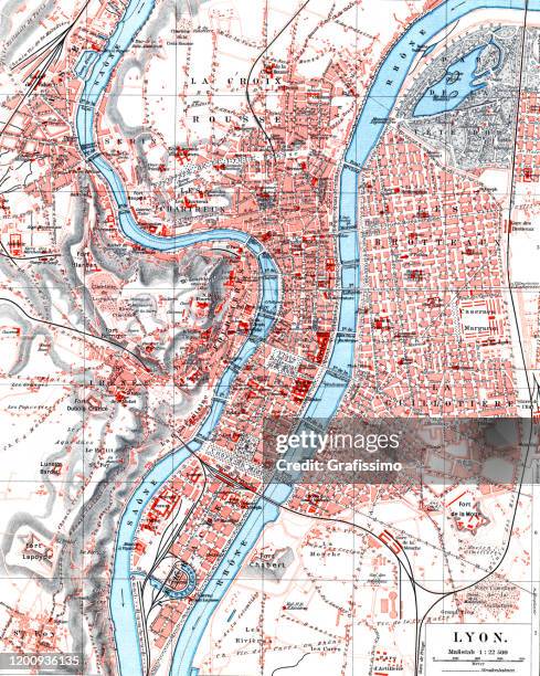 antique map of city lyon france 1897 - rhone stock illustrations