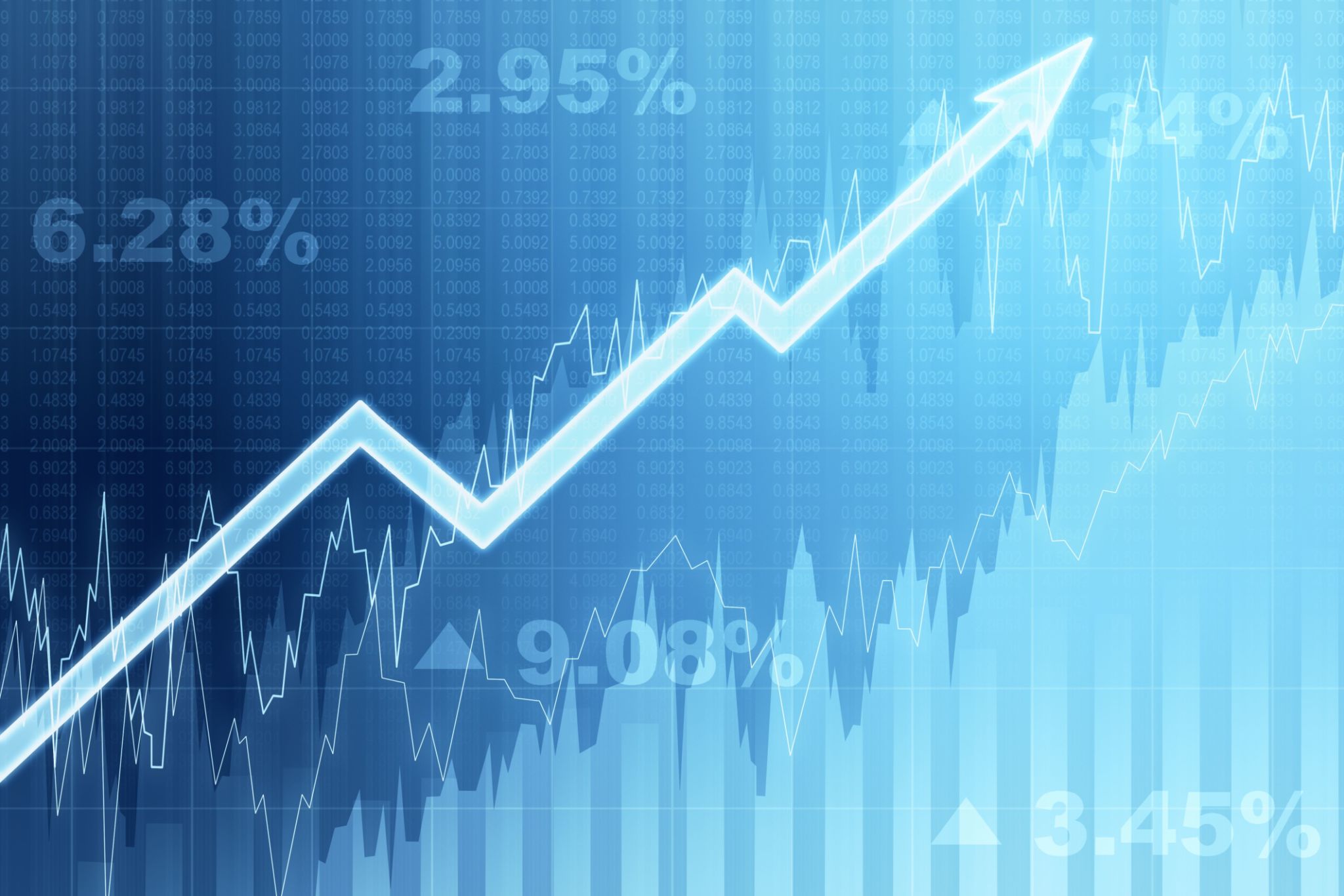 Front view of blue growing financial chart with arrow. Income and growth concept. 3D Rendering Front view of blue growing financial chart with arrow. Income and growth concept. 3D Rendering