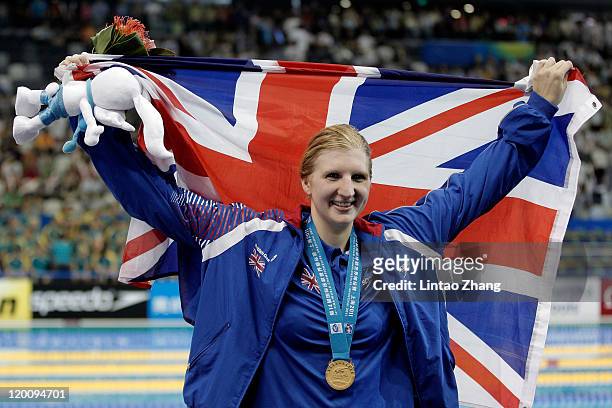 Rebecca Adlington of Great Britain celebrates winning the gold medal in the Women's 800m Freestyle Final during Day Fifteen of the 14th FINA World...