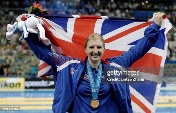 Rebecca Adlington of Great Britain celebrates winning the gold medal in the Women's 800m Freestyle Final during Day Fifteen of the 14th FINA World...